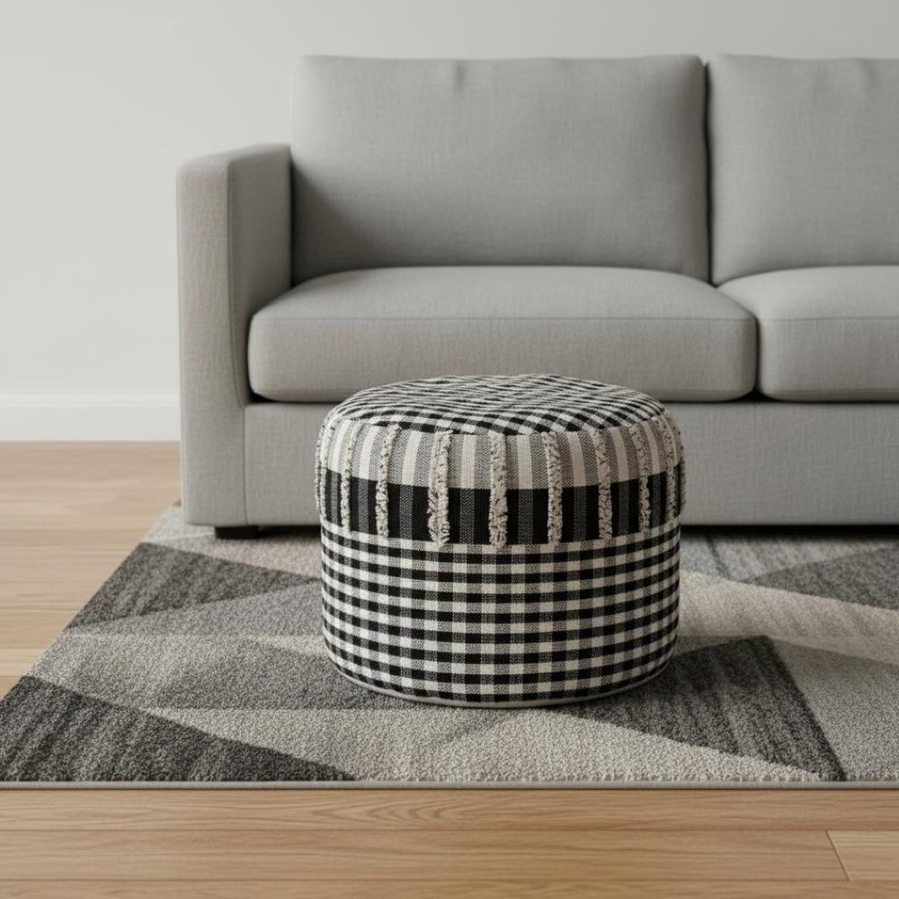 HomeRoots 18" Black Cotton Cylinder Plaid Pouf Ottoman - Stylish, Versatile Seating & Footrest for Any Room 517899