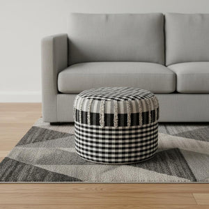 HomeRoots 18" Black Cotton Cylinder Plaid Pouf Ottoman - Stylish, Versatile Seating & Footrest for Any Room 517899
