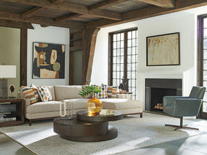 Lexington Barclay Butera Mountaineer Asymmetrical Round Cocktail Table With Elegant Oak Finish And Hidden Storage Drawer Canyon  930-941