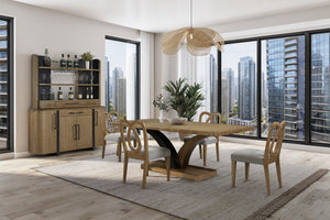 English Elm Pedestal Eucalyptus Rectangular Dining Table in Tan Finish with Sculptural Dual-Arc Base, Solid Wood Veneer, Stable Platform B2699S00103