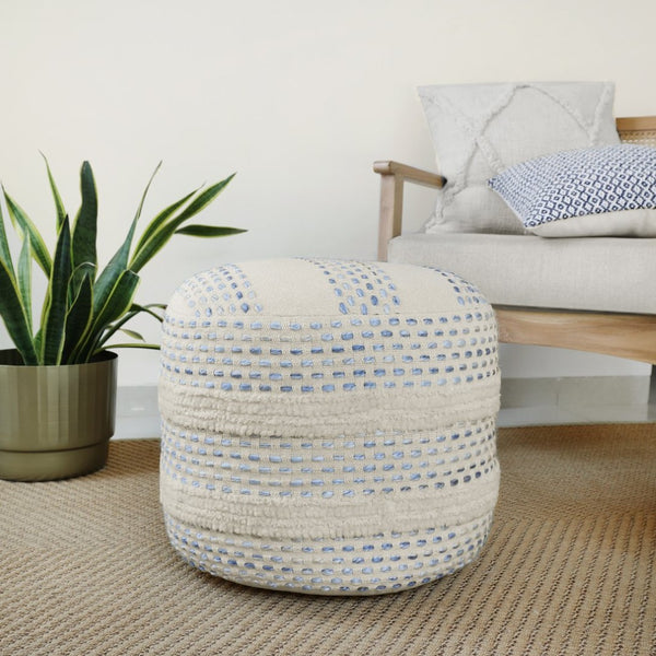 HomeRoots 18" Versatile Cotton Blend Ottoman for Stylish Seating, Footrest, or Casual Table – Durable & Portable White/ Blue 517900