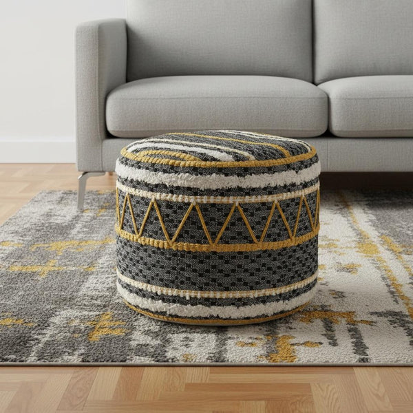 HomeRoots 18" Black Cotton Cylinder Pouf Ottoman - Stylish, Versatile Accent for Living Rooms & More 517901