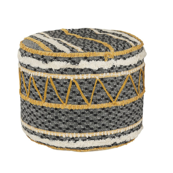 HomeRoots 18" Black Cotton Cylinder Pouf Ottoman - Stylish, Versatile Accent for Living Rooms & More 517901