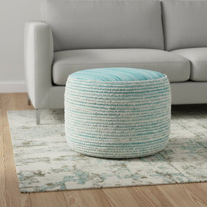 HomeRoots 18" Blue Striped Pouf Ottoman – Stylish, Versatile Footrest or Accent Table for Any Room Decor Aqua/White 517904