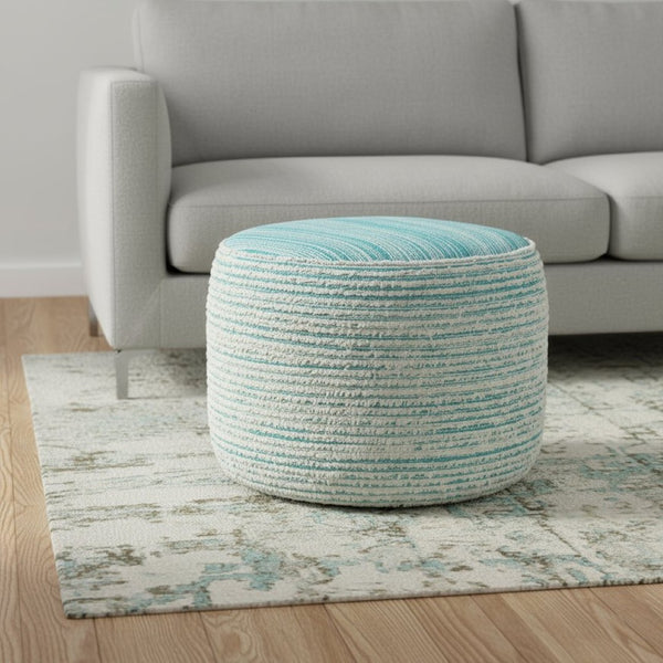 HomeRoots 18" Blue Striped Pouf Ottoman – Stylish, Versatile Footrest or Accent Table for Any Room Decor Aqua/White 517904