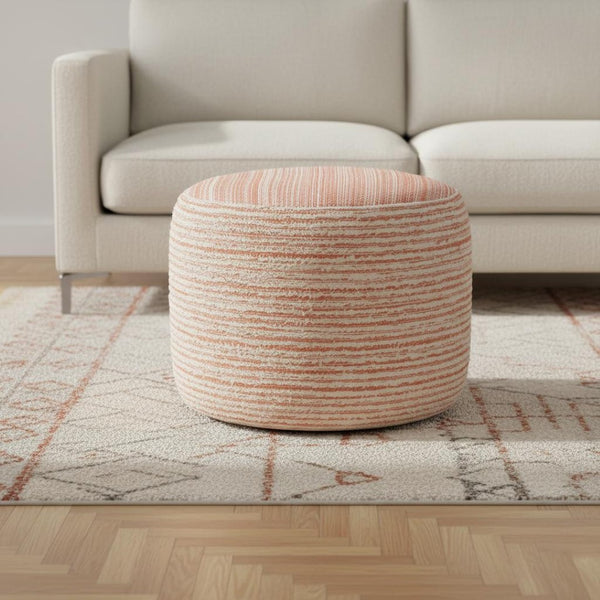 HomeRoots 18" Blue Striped Pouf Ottoman – Stylish, Versatile Footrest or Accent Table for Any Room Decor Coral/White 517905