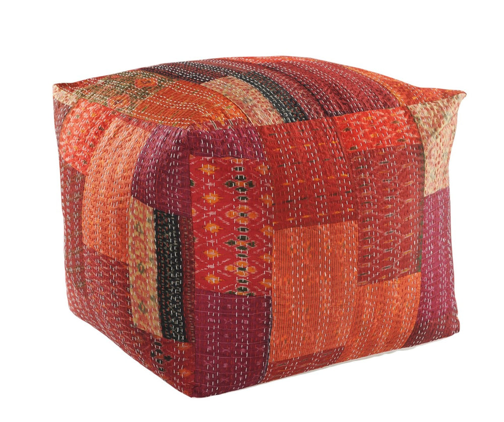HomeRoots 48" Cotton Patchwork Pouf Ottoman - Stylish, Versatile Seating Solution for Living Rooms & Lounges Red 24" x 24" x 20" 517907