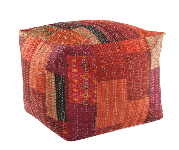 HomeRoots 48" Cotton Patchwork Pouf Ottoman - Stylish, Versatile Seating Solution for Living Rooms & Lounges Red 24" x 24" x 20" 517907