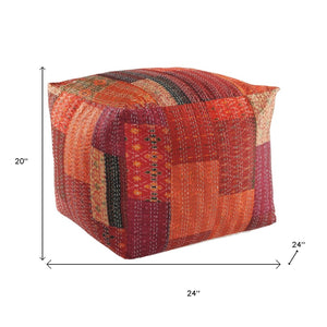 HomeRoots 48" Cotton Patchwork Pouf Ottoman - Stylish, Versatile Seating Solution for Living Rooms & Lounges Red 24" x 24" x 20" 517907