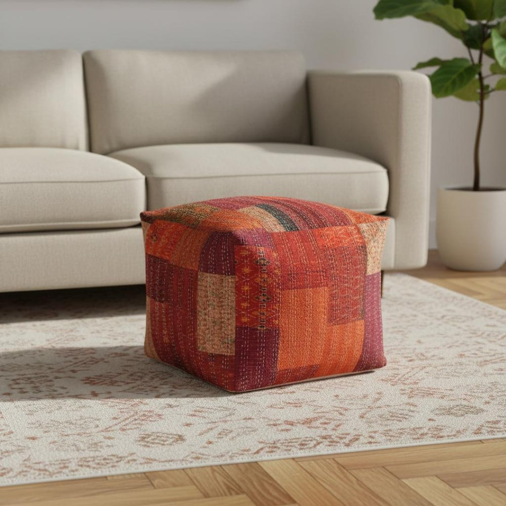 HomeRoots 48" Cotton Patchwork Pouf Ottoman - Stylish, Versatile Seating Solution for Living Rooms & Lounges Red 24" x 24" x 20" 517907