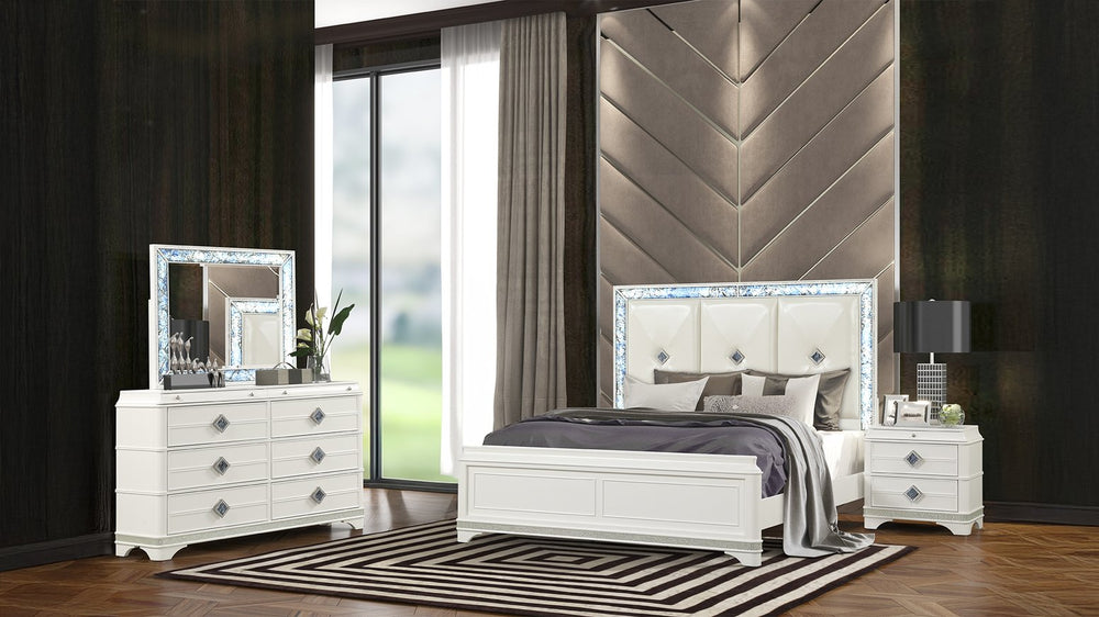 English Elm Laguna Modern King Upholstered Bed with Blue Marble Accents, Integrated LED Lighting, White Finish B009S01454