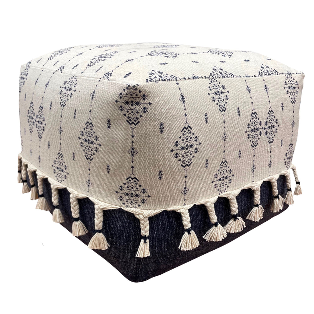 Homeroots 18" Natural And Navy Blue Cotton Medallion Pouf Ottoman   517910
