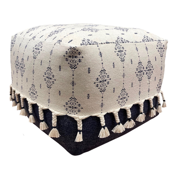 Homeroots 18" Natural And Navy Blue Cotton Medallion Pouf Ottoman   517910