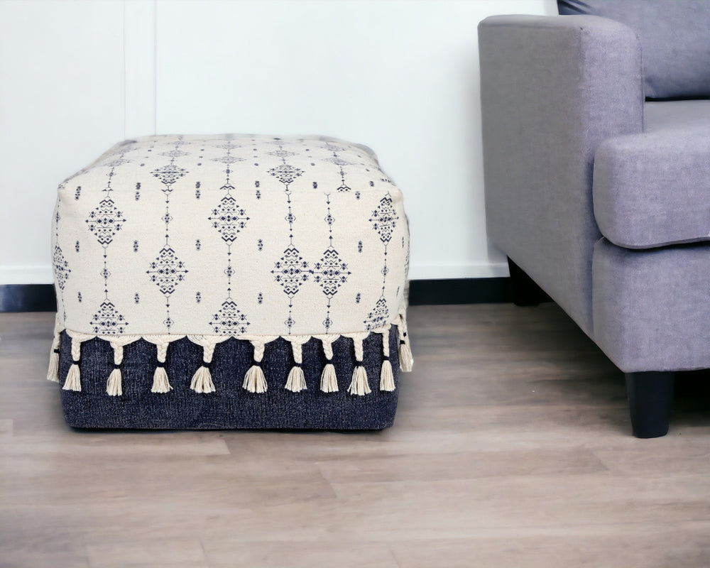 Homeroots 18" Natural And Navy Blue Cotton Medallion Pouf Ottoman   517910