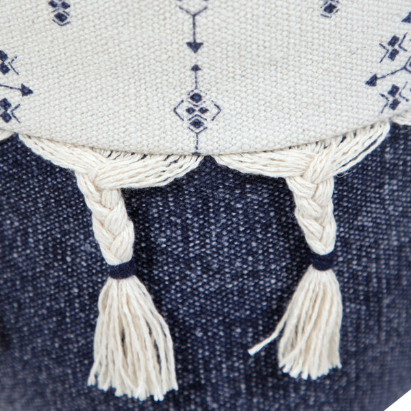 Homeroots 18" Natural And Navy Blue Cotton Medallion Pouf Ottoman   517910