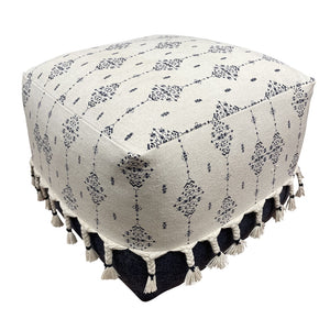 Homeroots 18" Natural And Navy Blue Cotton Medallion Pouf Ottoman   517910
