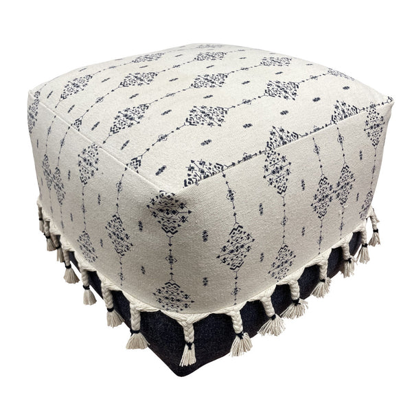 Homeroots 18" Natural And Navy Blue Cotton Medallion Pouf Ottoman   517910