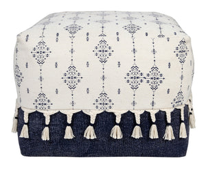 Homeroots 18" Natural And Navy Blue Cotton Medallion Pouf Ottoman   517910
