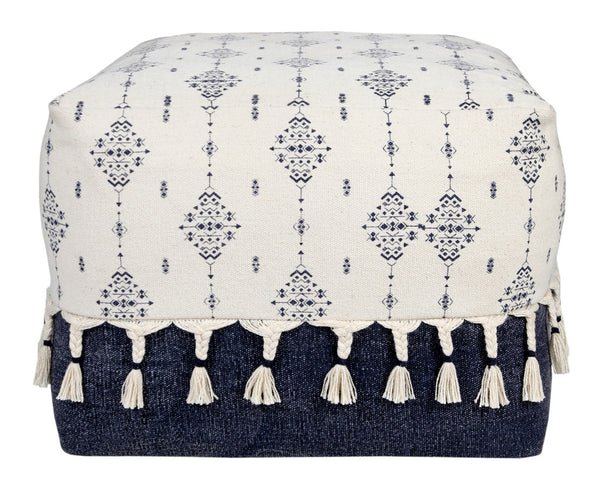 Homeroots 18" Natural And Navy Blue Cotton Medallion Pouf Ottoman   517910