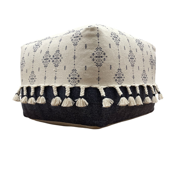 Homeroots 18" Natural And Navy Blue Cotton Medallion Pouf Ottoman   517910