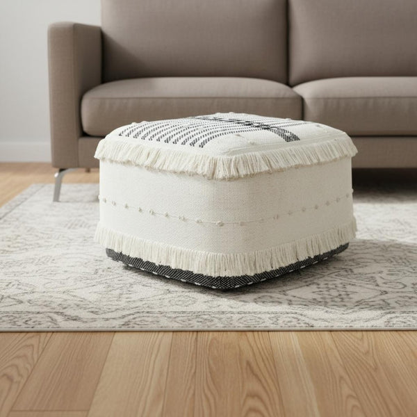 HomeRoots 18" White Cotton Striped Pouf Ottoman - Stylish Multi-Purpose Footrest, Extra Seat & Casual Table 517911