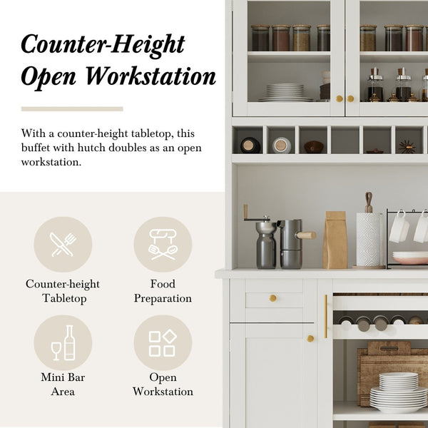 English Elm Topmax Farmhouse Buffet Hutch with Wine Rack Shaker Glass Pantry Cabinet White N717P327043K