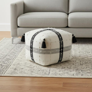 HomeRoots 18" Black Cotton Striped Pouf Ottoman – Stylish, Versatile Footrest and Extra Seating for Any Space 517912