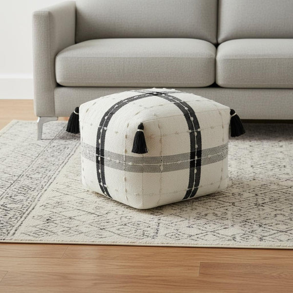 HomeRoots 18" Black Cotton Striped Pouf Ottoman – Stylish, Versatile Footrest and Extra Seating for Any Space 517912