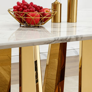 English Elm Marble Dining Table For 6-8, 70'' Rectangle Faux Marble Design With Elegant Gold Stainless Steel Base W3456S00011