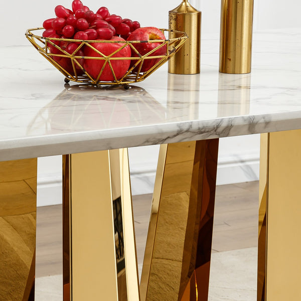English Elm Marble Dining Table For 6-8, 70'' Rectangle Faux Marble Design With Elegant Gold Stainless Steel Base W3456S00011