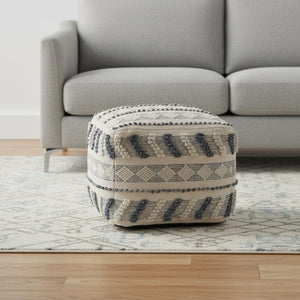 HomeRoots 18" Blue Striped Pouf Ottoman – Stylish Wool Footrest, Versatile Seating & Elegant Home Accent Piece 517915