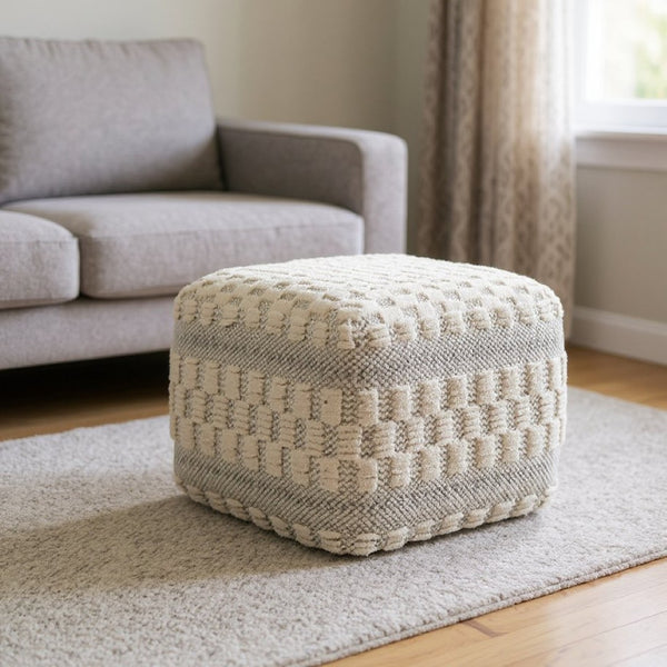 HomeRoots 18" Beige Geometric Pouf Ottoman - Versatile Wool Footrest & Extra Seat for Modern Living Spaces 517916