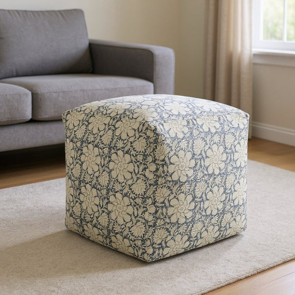HomeRoots 20" Beige Cotton Abstract Pouf Ottoman - Cozy Cube for Extra Seating, Footrest, or Stylish Accent Decor 517918