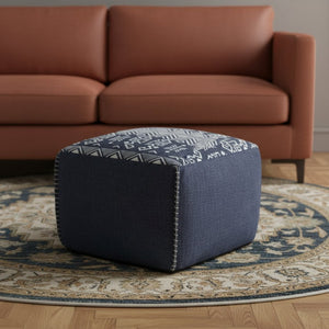HomeRoots 18" Blue Cotton Geometric Pouf Ottoman - Modern Accent for Footrest, Extra Seating & Stylish Decor 517919