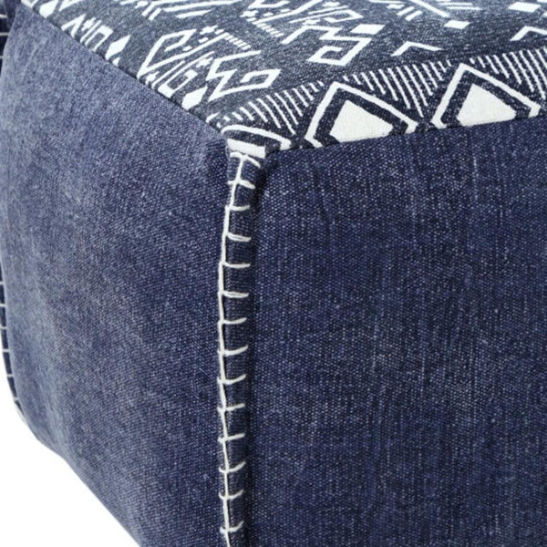 HomeRoots 18" Blue Cotton Geometric Pouf Ottoman - Modern Accent for Footrest, Extra Seating & Stylish Decor 517919
