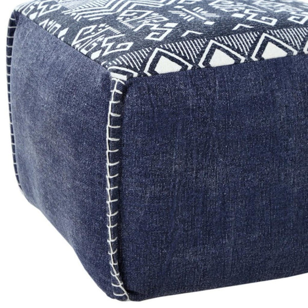 HomeRoots 18" Blue Cotton Geometric Pouf Ottoman - Modern Accent for Footrest, Extra Seating & Stylish Decor 517919