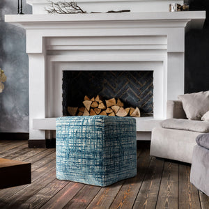 Homeroots 18" Blue Polyester Blend Ottoman Teal,Ivory Polyester 517924