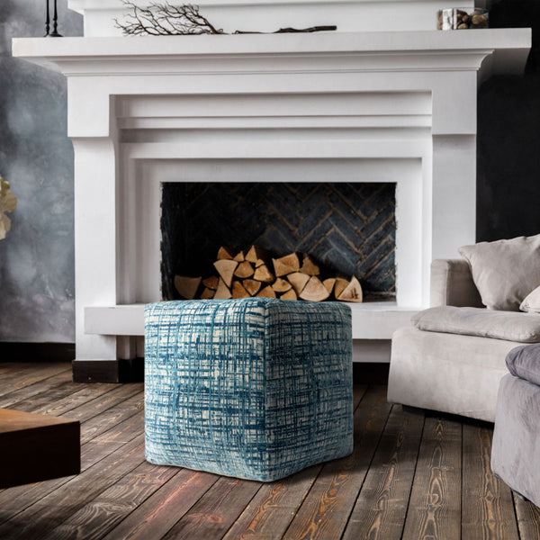 Homeroots 18" Blue Polyester Blend Ottoman Teal,Ivory Polyester 517924