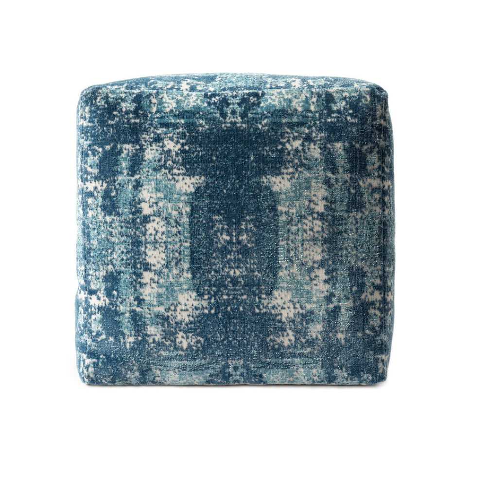 HomeRoots 18" Blue Abstract Pouf Ottoman - Stylish Multi-Functional Accent for Modern Decor and Comfort Teal/Ivory 517925