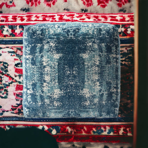 Homeroots 18" Blue Polyester Blend Ottoman Teal,Ivory Polyester 517925