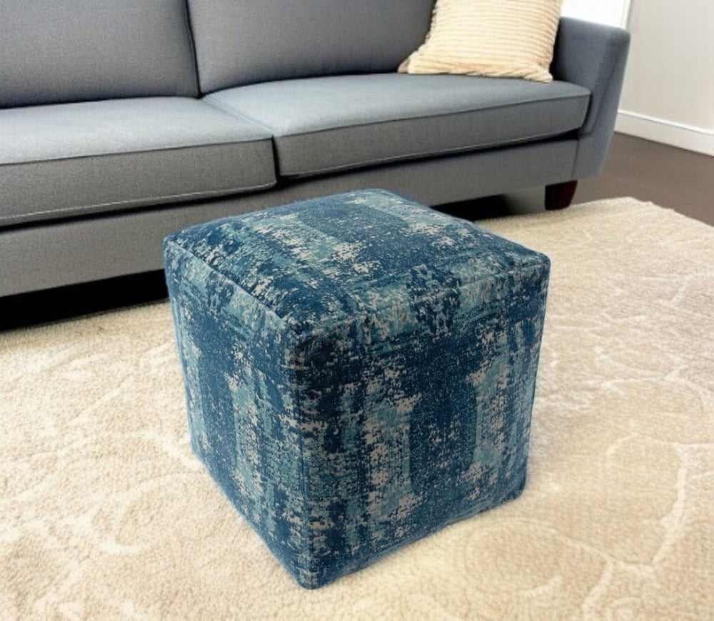 HomeRoots 18" Blue Abstract Pouf Ottoman - Stylish Multi-Functional Accent for Modern Decor and Comfort Teal/Ivory 517925