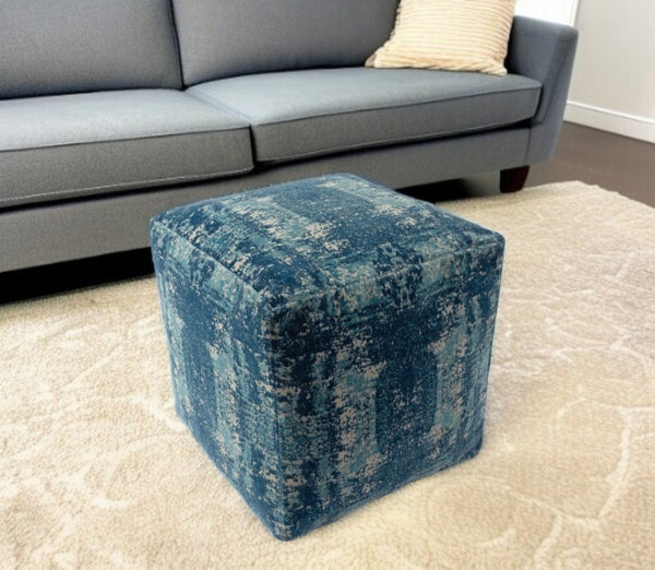 HomeRoots 18" Blue Abstract Pouf Ottoman - Stylish Multi-Functional Accent for Modern Decor and Comfort Teal/Ivory 517925