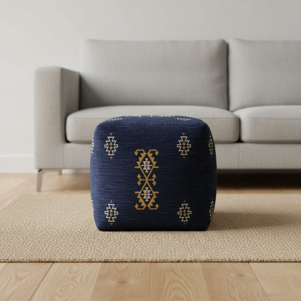 HomeRoots 18" Blue Medallion Pouf Ottoman - Stylish, Versatile Seating for Modern Spaces & Eclectic Decor 517928