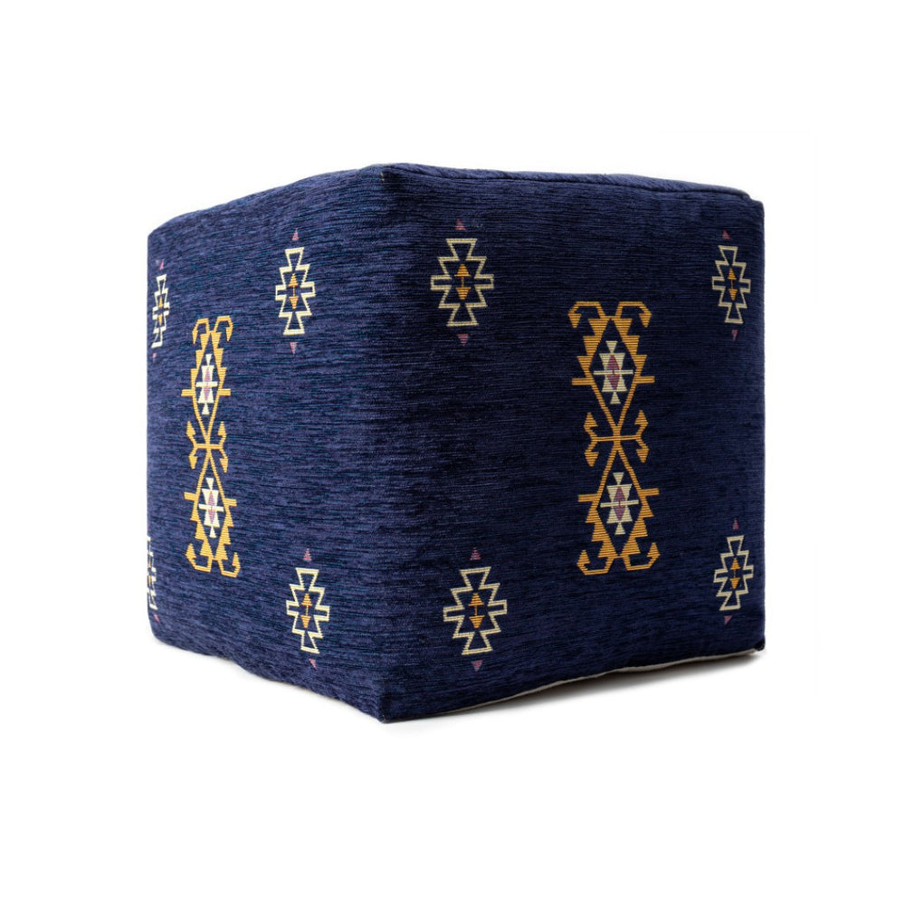 HomeRoots 18" Blue Medallion Pouf Ottoman - Stylish, Versatile Seating for Modern Spaces & Eclectic Decor 517928