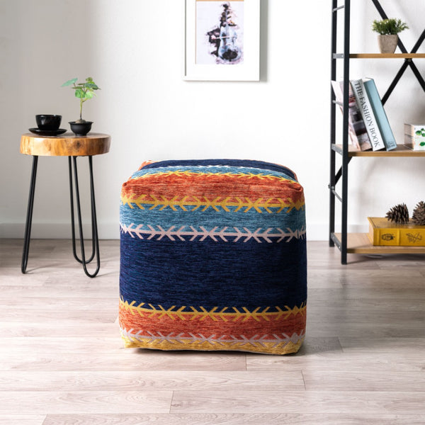 HomeRoots 18" Vibrant Blue and Orange Striped Pouf Ottoman - Stylish, Versatile Accent for Modern Spaces 517929