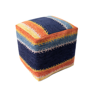 HomeRoots 18" Vibrant Blue and Orange Striped Pouf Ottoman - Stylish, Versatile Accent for Modern Spaces 517929