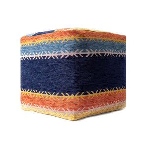 HomeRoots 18" Vibrant Blue and Orange Striped Pouf Ottoman - Stylish, Versatile Accent for Modern Spaces 517929