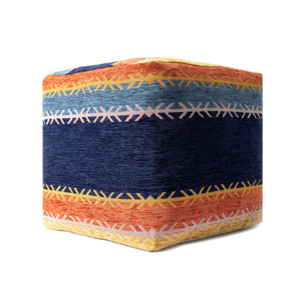 HomeRoots 18" Vibrant Blue and Orange Striped Pouf Ottoman - Stylish, Versatile Accent for Modern Spaces 517929