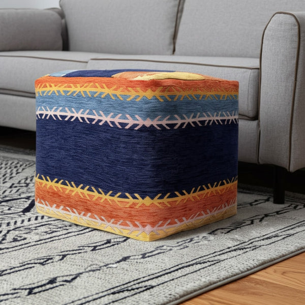 HomeRoots 18" Vibrant Blue and Orange Striped Pouf Ottoman - Stylish, Versatile Accent for Modern Spaces 517929