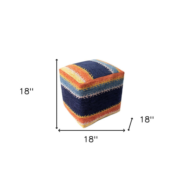 HomeRoots 18" Vibrant Blue and Orange Striped Pouf Ottoman - Stylish, Versatile Accent for Modern Spaces 517929